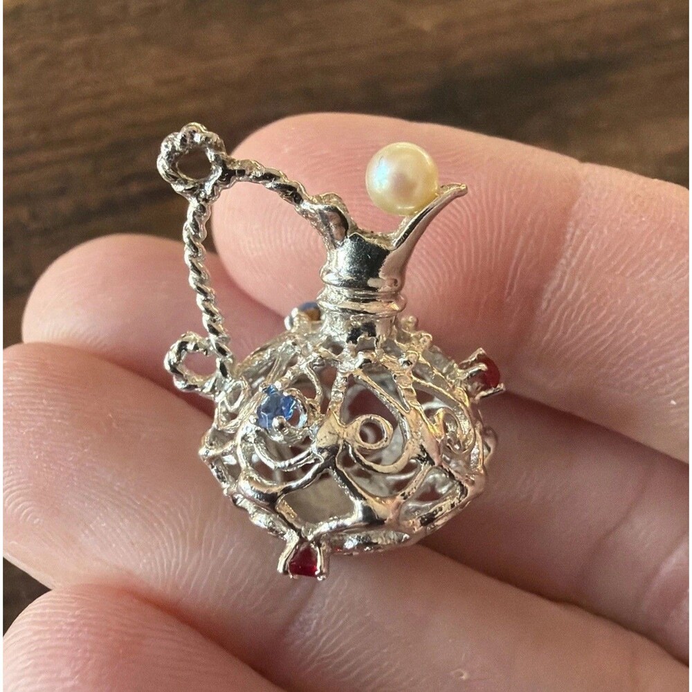 Vintage Sterling Silver Filigree Water Pitcher Charm Pendant Rhinestones Pearl - Picture 2 of 9